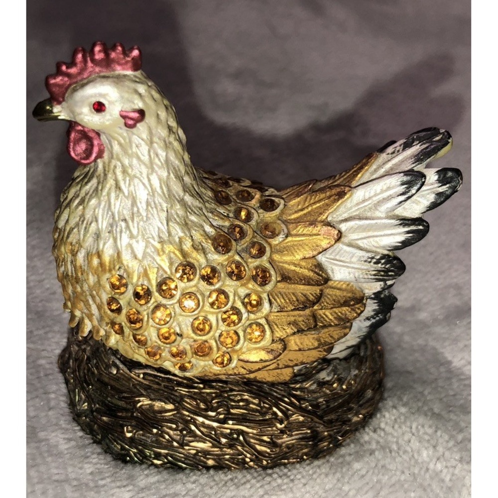Vintage Chicken Nest Trinket Box Bejeweled Enamel  Jewelry‎ Pill Box
